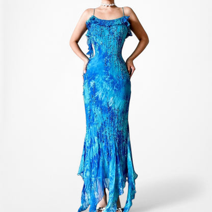 Vintage Blue Beaded Ruffle Silk Asymmetric Hem Midi Dress Size S