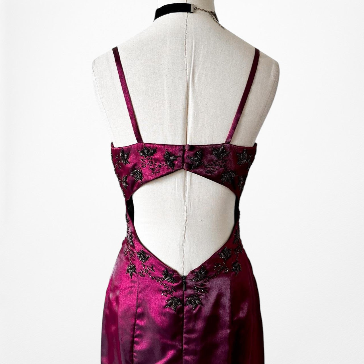 Vintage Burgundy Red Satin Beaded Fit Flared Maxi Prom Dress Size S