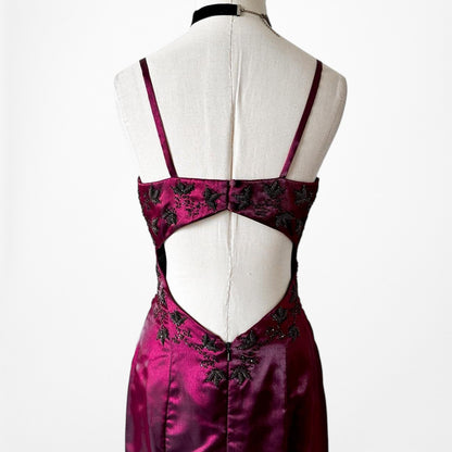 Vintage Burgundy Red Satin Beaded Fit Flared Maxi Prom Dress Size S