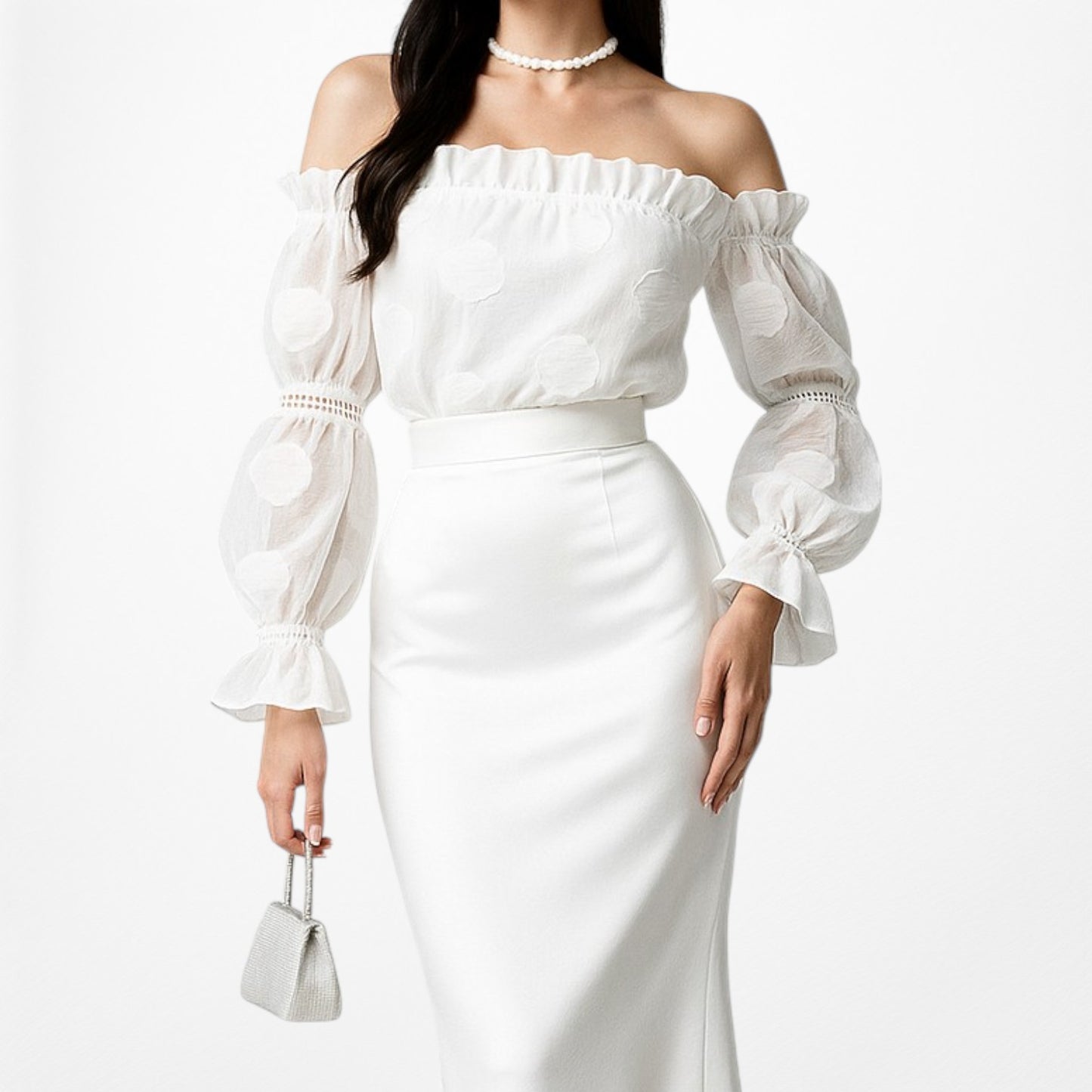 Alexis White Off The Shoulder Lace Organza Long Puffy Sleeve Blouse Top Size XS