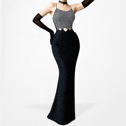 Vintage Blue Silver Cutout Beaded Maxi Bodycon Cocktail Formal Prom Dress M/L