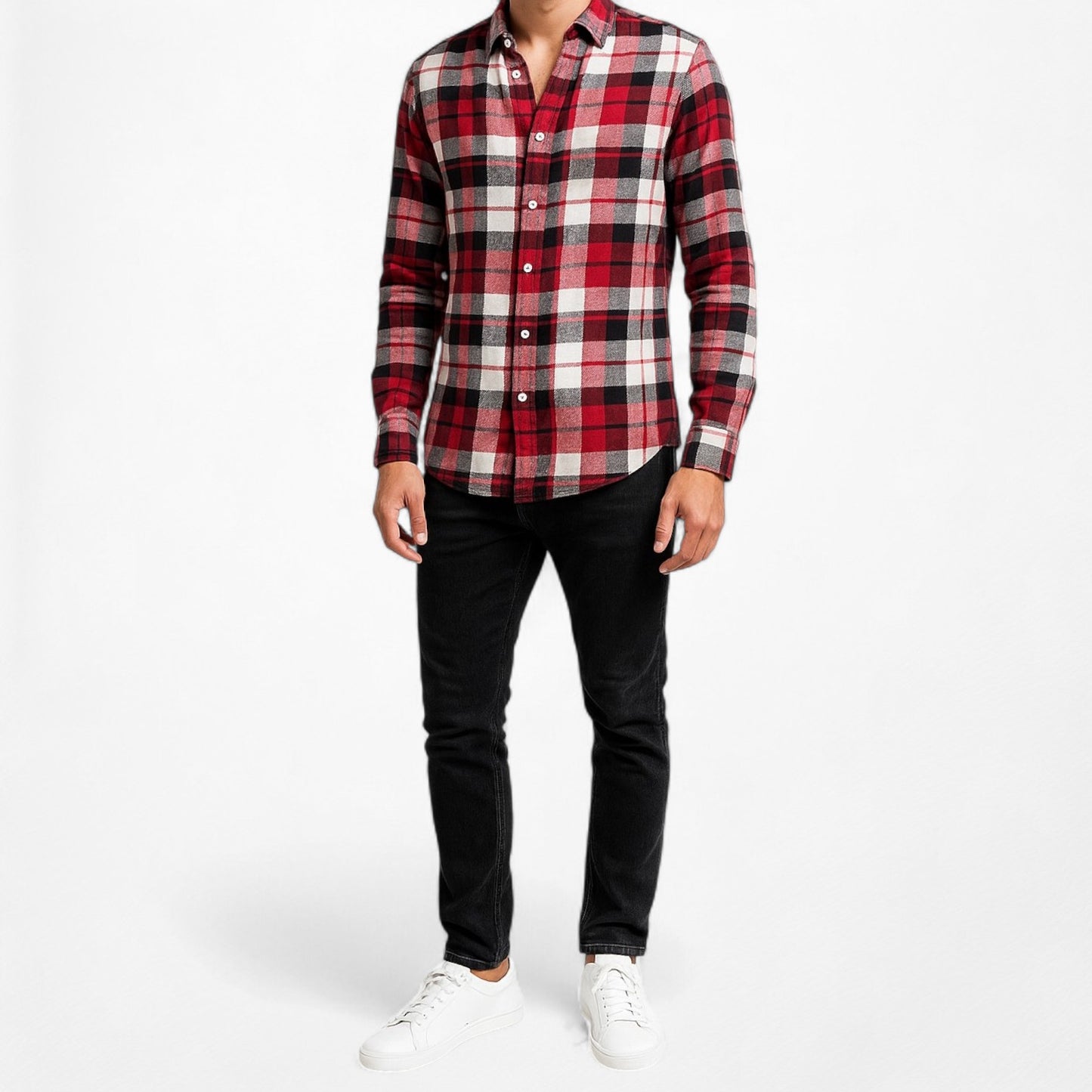 Zara Men's Checkered Plaid White Red Black Button Down Front Shirt Size M