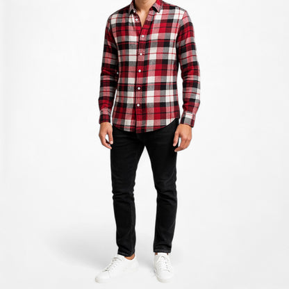 Zara Men's Checkered Plaid White Red Black Button Down Front Shirt Size M