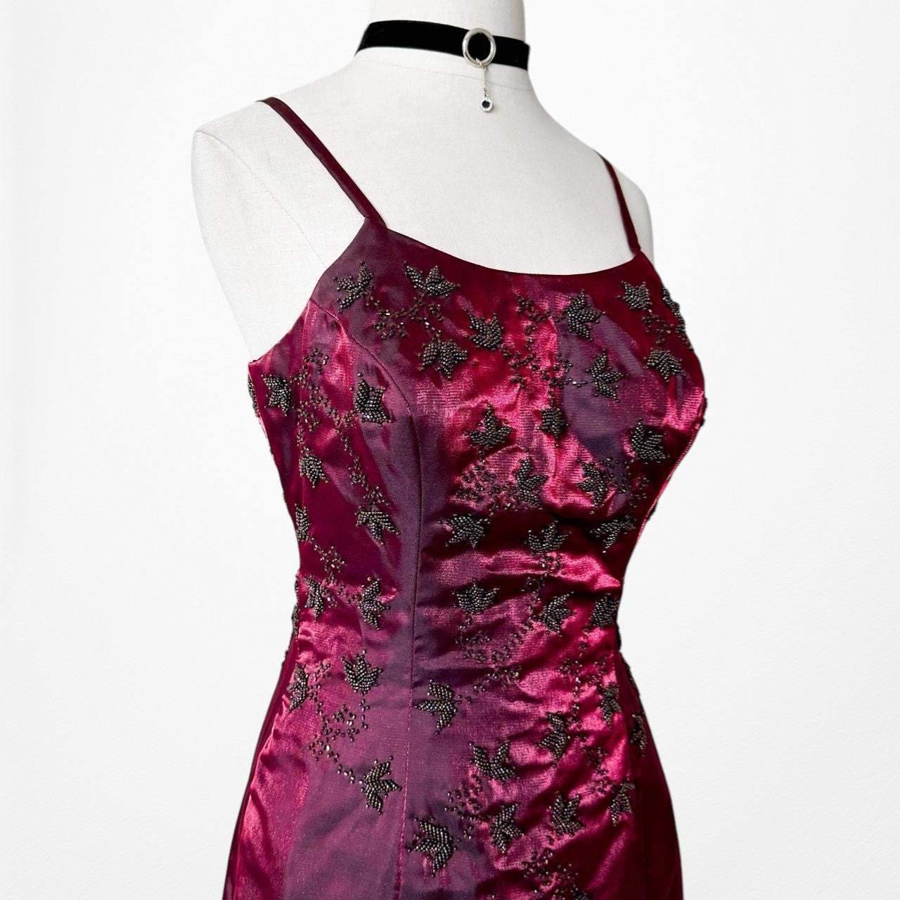 Vintage Burgundy Red Satin Beaded Fit Flared Maxi Prom Dress Size S