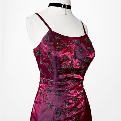 Vintage Burgundy Red Satin Beaded Fit Flared Maxi Prom Dress Size S