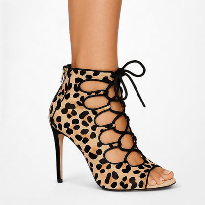 Zara Brown Leopard Print Ankle Lace Up Peep Toe Stiletto Heel Size 5.5/6