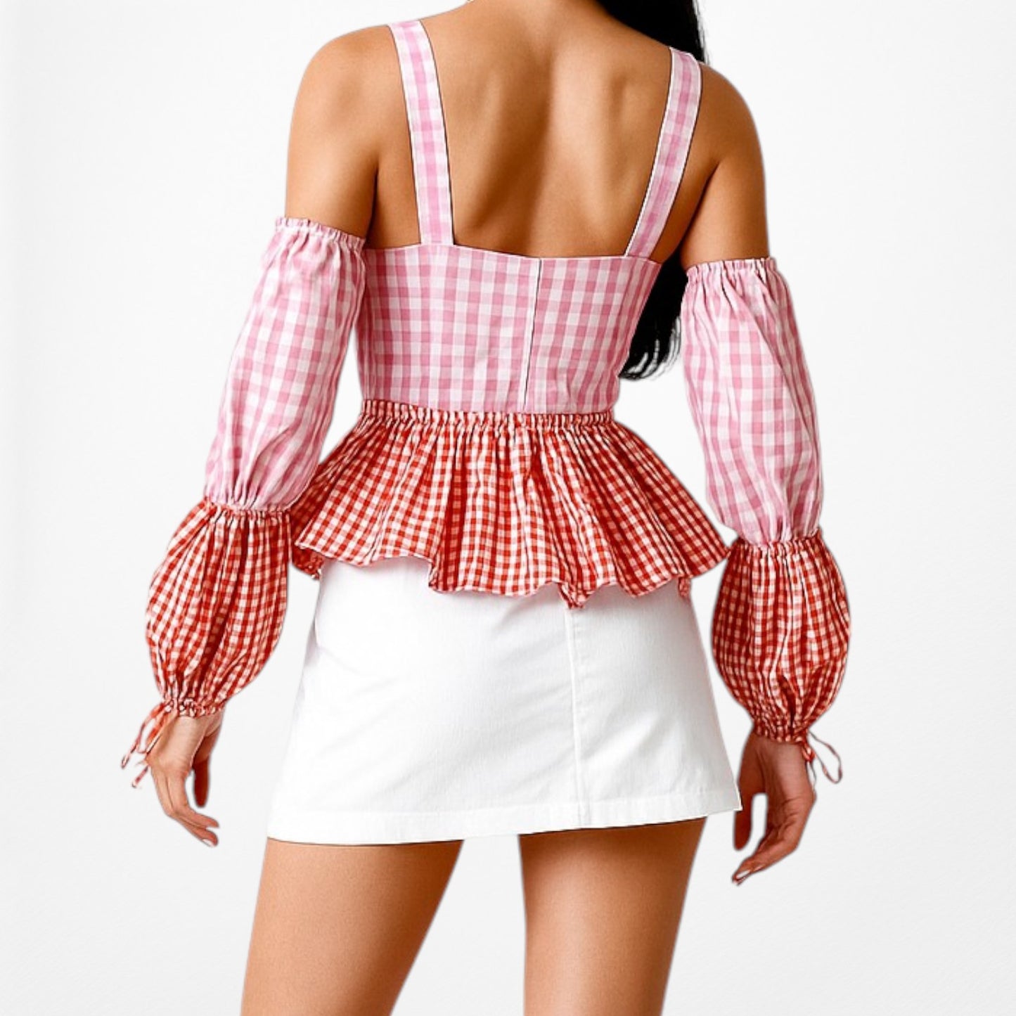 Pink Red Cold Shoulder Plaid Checkered Long Puffy Sleeve Peplum Top Size XS