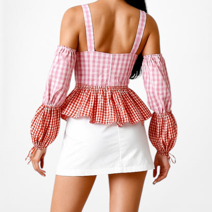 Pink Red Cold Shoulder Plaid Checkered Long Puffy Sleeve Peplum Top Size XS