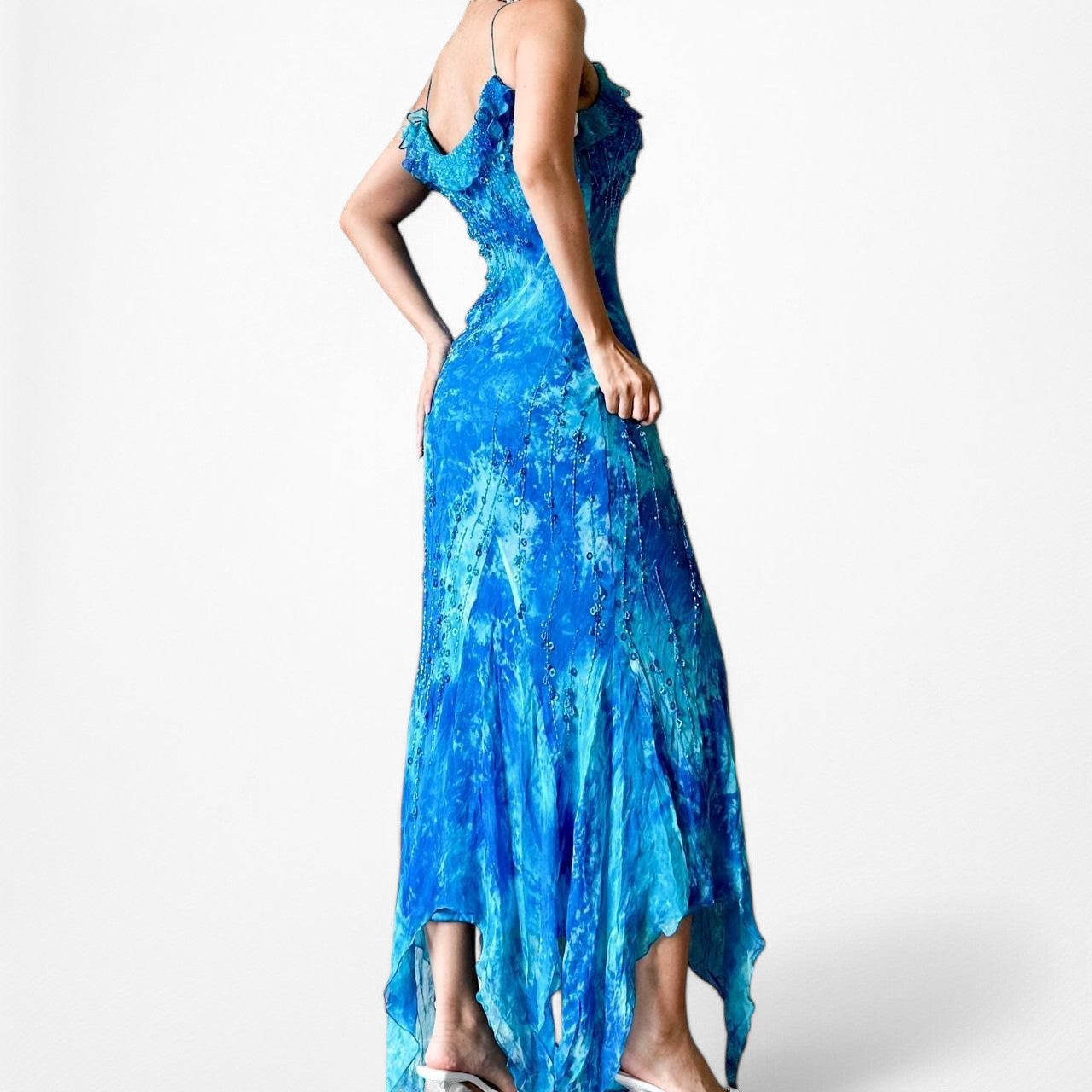 Vintage Blue Beaded Ruffle Silk Asymmetric Hem Midi Dress Size S