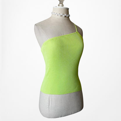 Zara Neon Green One Shoulder Ribbed Knit Pullover Cami Tank Top Size S