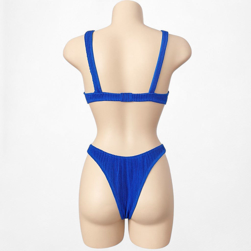 Nasty Gal Blue Ribbed Knit Two Piece Bikini Swim Suit Bathing Suit Size S