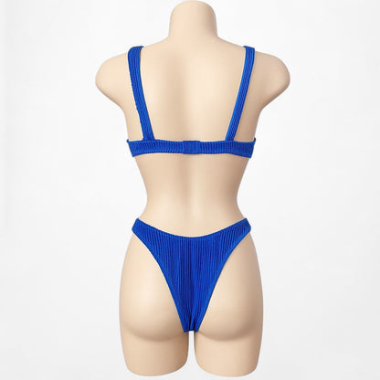 Nasty Gal Blue Ribbed Knit Two Piece Bikini Swim Suit Bathing Suit Size S