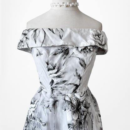 Blue Gray Floral Sheer Organza Off The Shoulder Flared Knee Length Dress Size XS