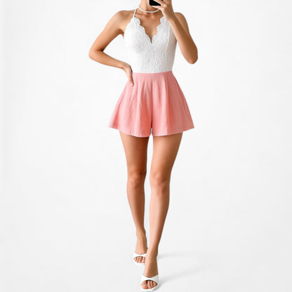 Tea & Cup White Pink Floral Lace V-Neck Sleeveless Romper Dress Size M