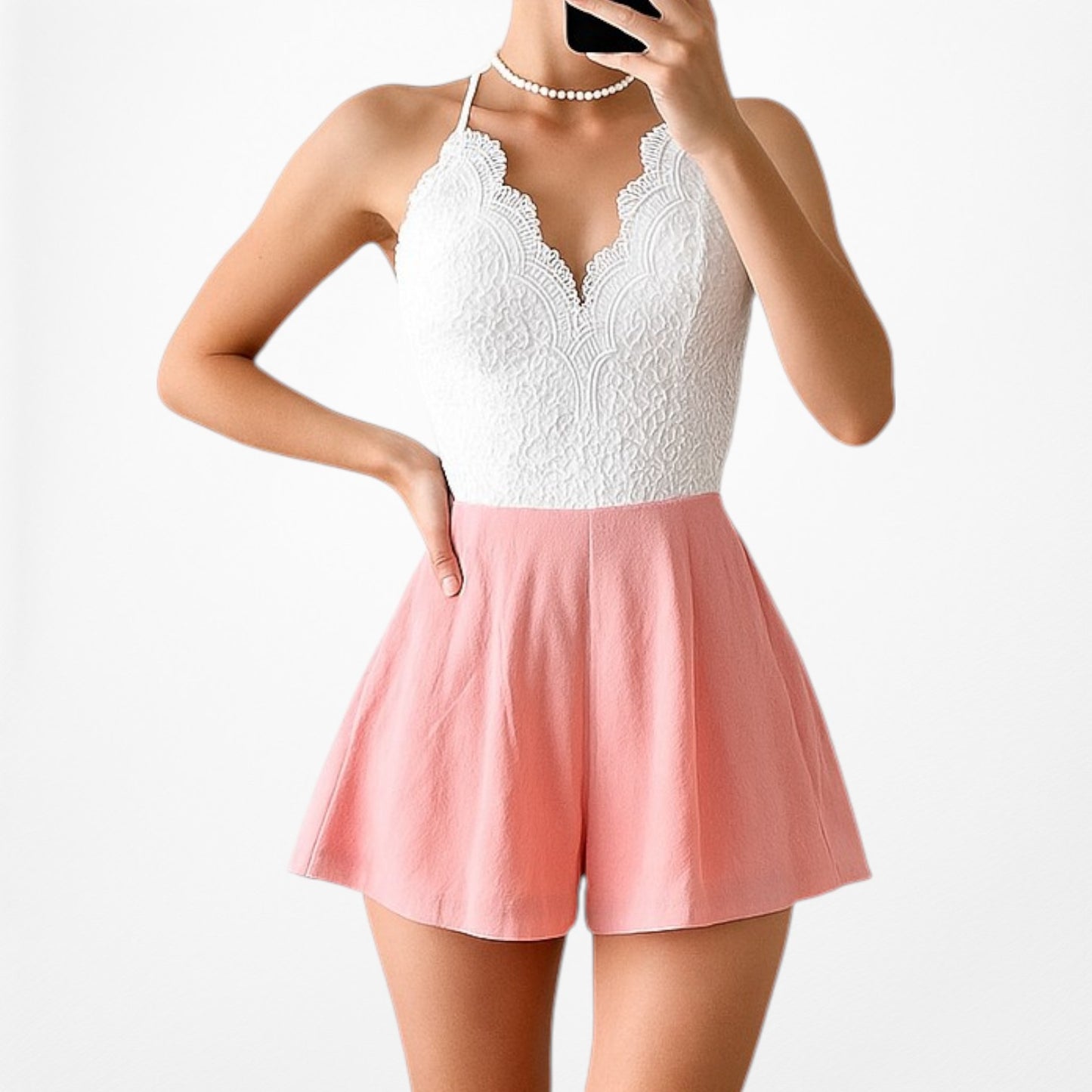 Tea & Cup White Pink Floral Lace V-Neck Sleeveless Romper Dress Size M