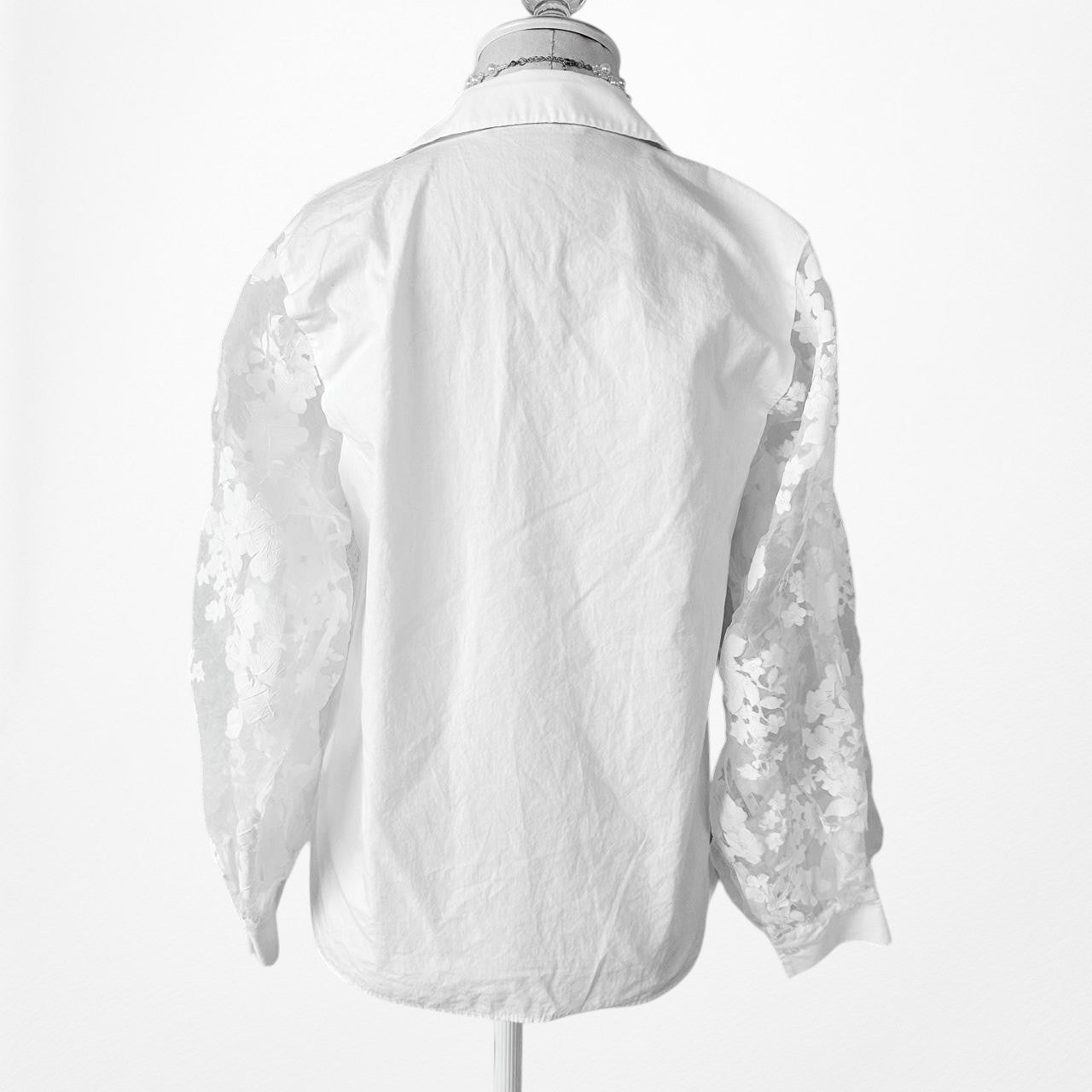 Zara White Floral Lace Organza Puffy Sheer Sleeve Button Down Shirt Size XS