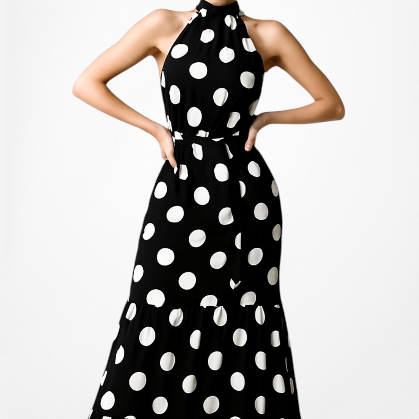 Mango Black White Turtleneck Polka Dot Fit Flared Maxi Sundress Dress Size XS/S