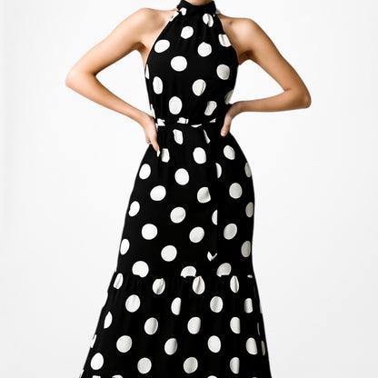 Mango Black White Turtleneck Polka Dot Fit Flared Maxi Sundress Dress Size XS/S