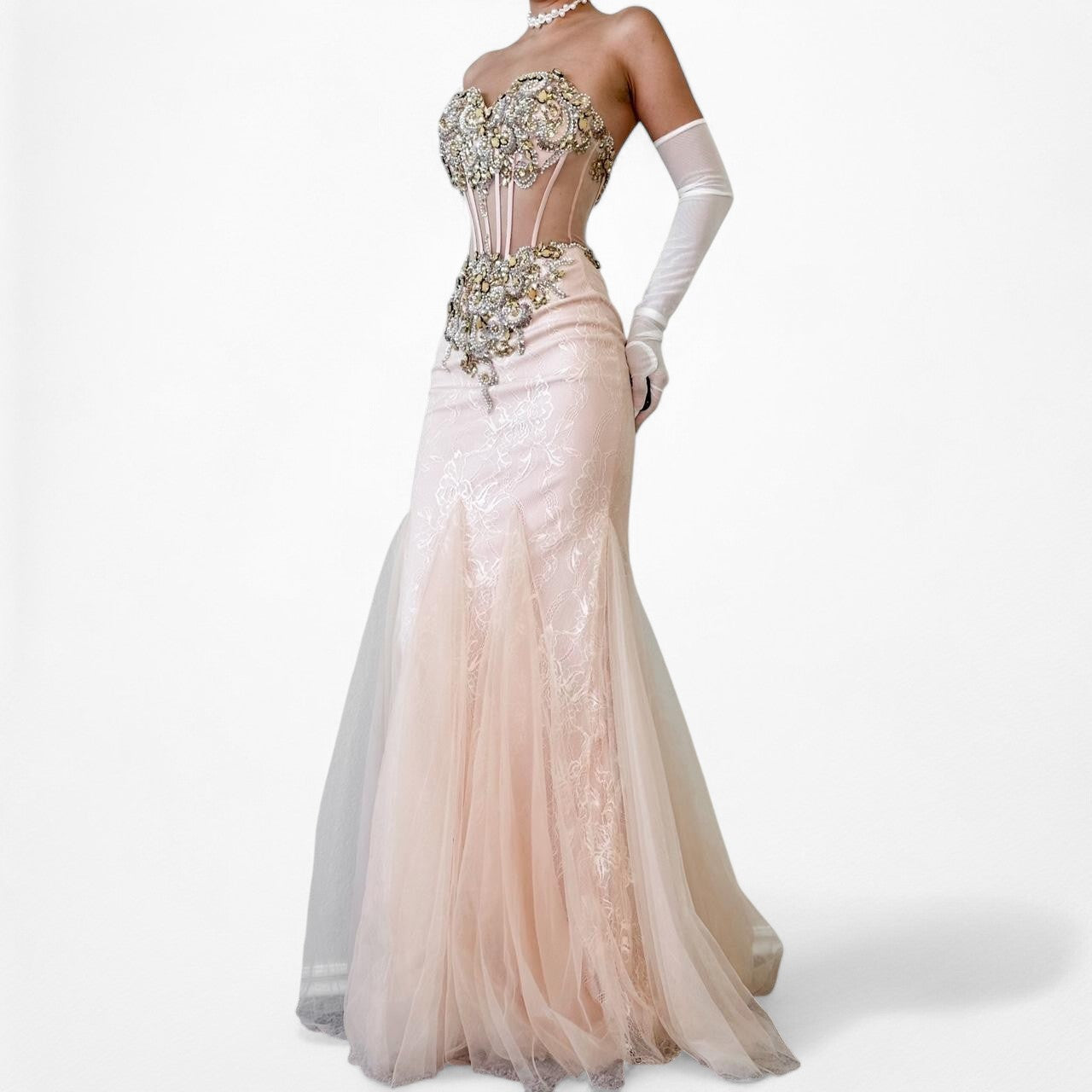 Vintage Pastel Pink Strapless Rhinestone Beaded Maxi Prom Dress Size XS