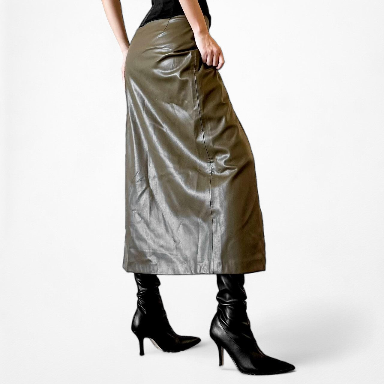 Zara Khaki Green High Waisted Faux Leather Front Slit Knee Length Skirt Size XS