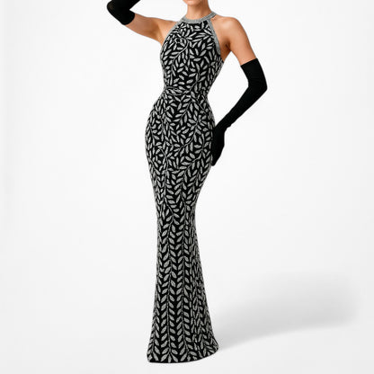 Vintage Black White Silk Floral Beaded Maxi Bodycon Formal Cocktail Dress M