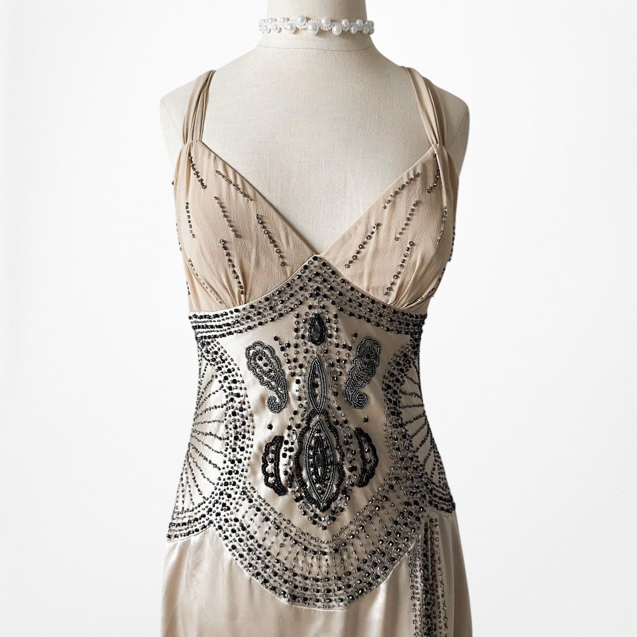 Vintage Ivory Beige Silk Beaded Bodycon Side Slit Maxi Prom Dress Size S/M