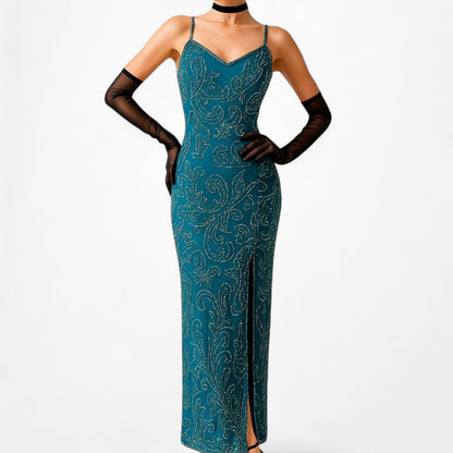 Vintage Teal Blue Silk Beaded Maxi Bodycon Side Slit Prom Dress Size M
