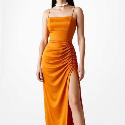 Zara Orange Ruched Pleated Side Slit Maxi Bodycon Linen Dress Size XS/S