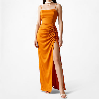 Zara Orange Ruched Pleated Side Slit Maxi Bodycon Linen Dress Size XS/S