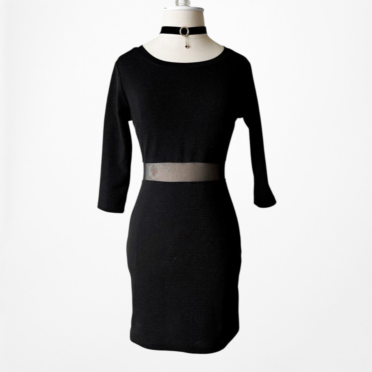 Vintage Y2K Black Mesh Cutout 3/4 Sleeve Knit Bodycon Mini Dress Size M