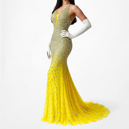 Vintage Yellow Rhinestone Beaded Cutout Maxi Prom Dress Size XS/S