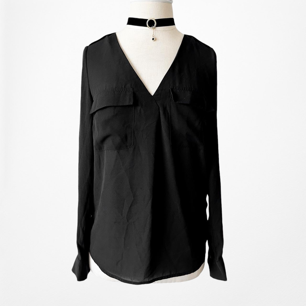 H&M Black V-Neck Long Sleeve Top Blouse Size 2/XS