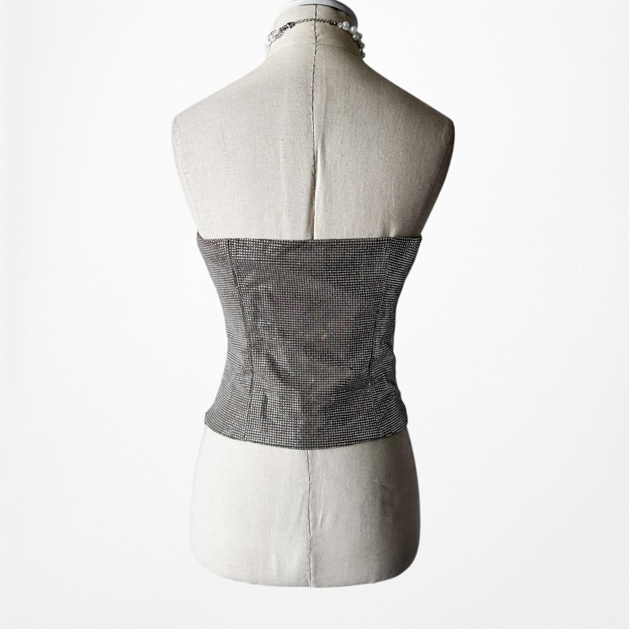 Fashion Nova Silver Gray Metallic Bustier Corset Rhinestone Crop Top Size M