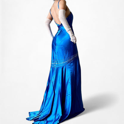 Vintage Blue Satin Fit Flared Beaded Maxi Prom Dress Size S/M