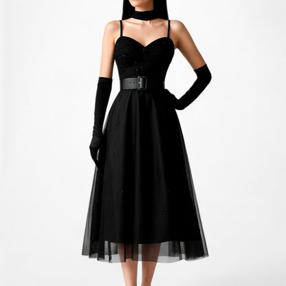 Evan Picone Black Sweetheart Sequin Mesh Midi Flared Skater A-Line Dress 6/S