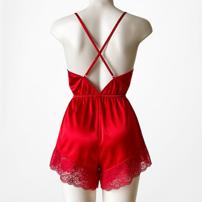 Missguided Red Satin Lace Trim Lingerie Inspired Romper Dress Size S