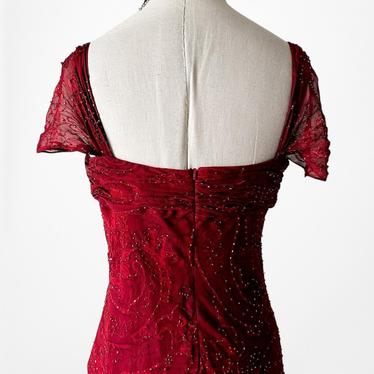 Vintage Red Beaded Fit Flared Silk Bodycon Maxi Prom Scarf Dress Size S/M