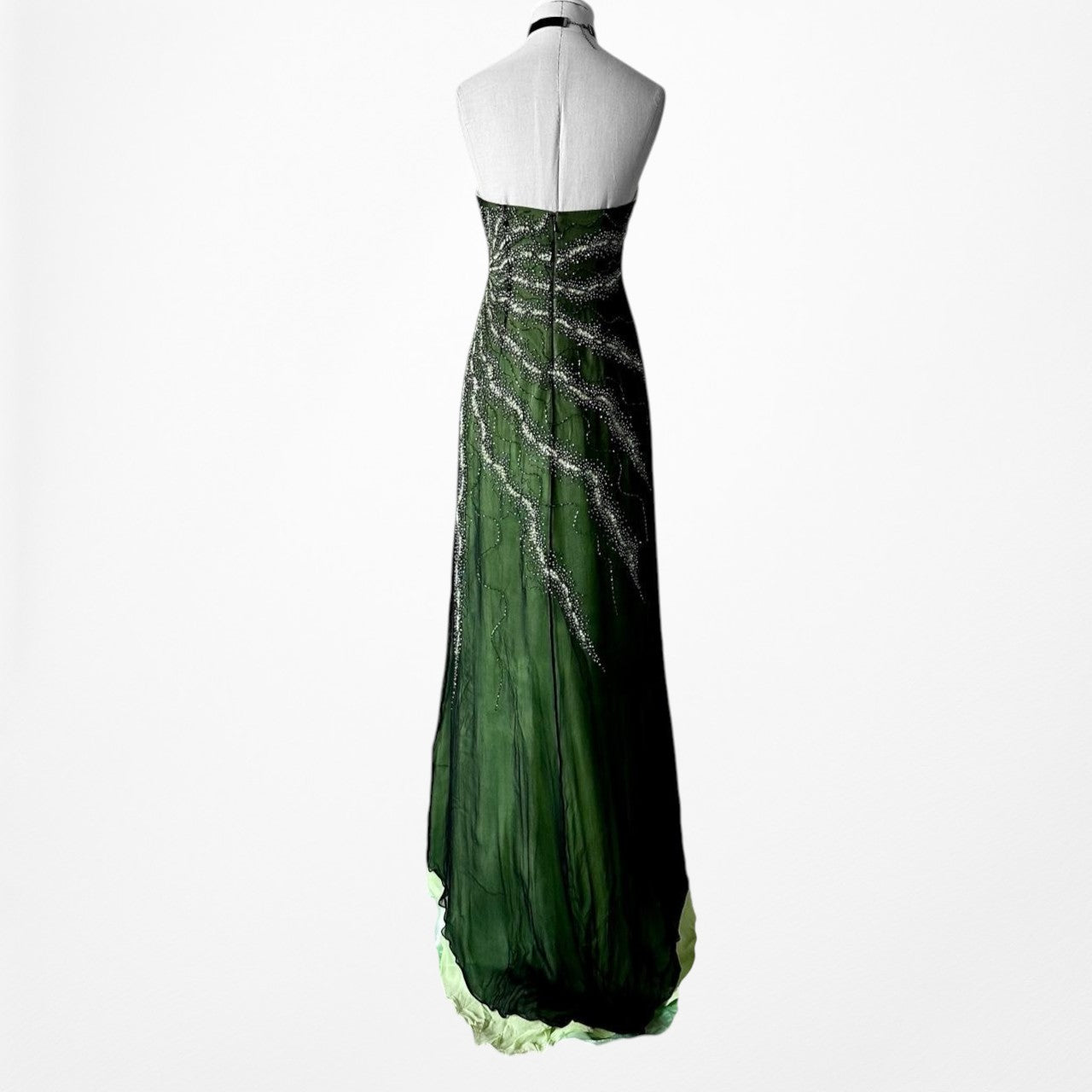 Vintage Green Strapless Silk Beaded High Low Mesh Maxi Flared Dress Size S