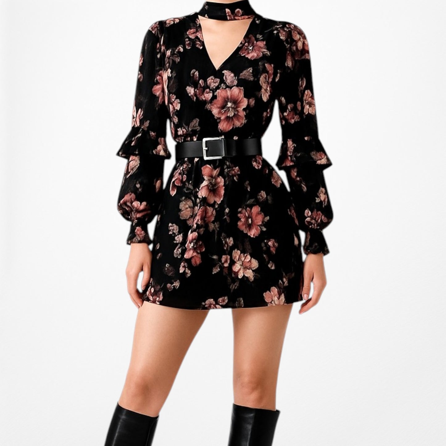 White House Black Market Floral Long Sleeve Ruffle Shift Tunic Dress Size M