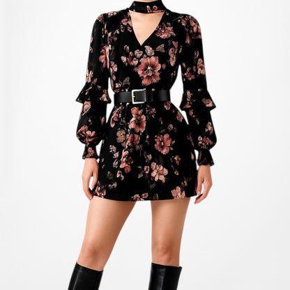 White House Black Market Floral Long Sleeve Ruffle Shift Tunic Dress Size M