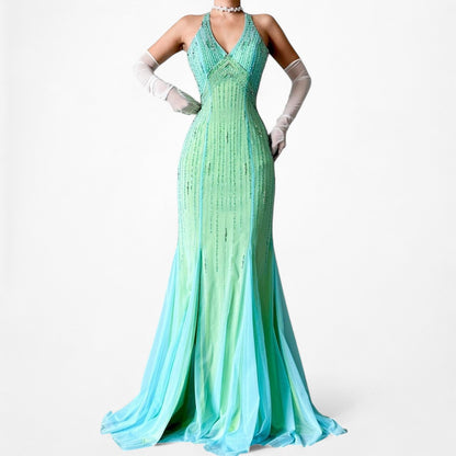 Vintage Blue Green Fit Flared Beaded Halter Mesh Maxi Prom Dress Size S