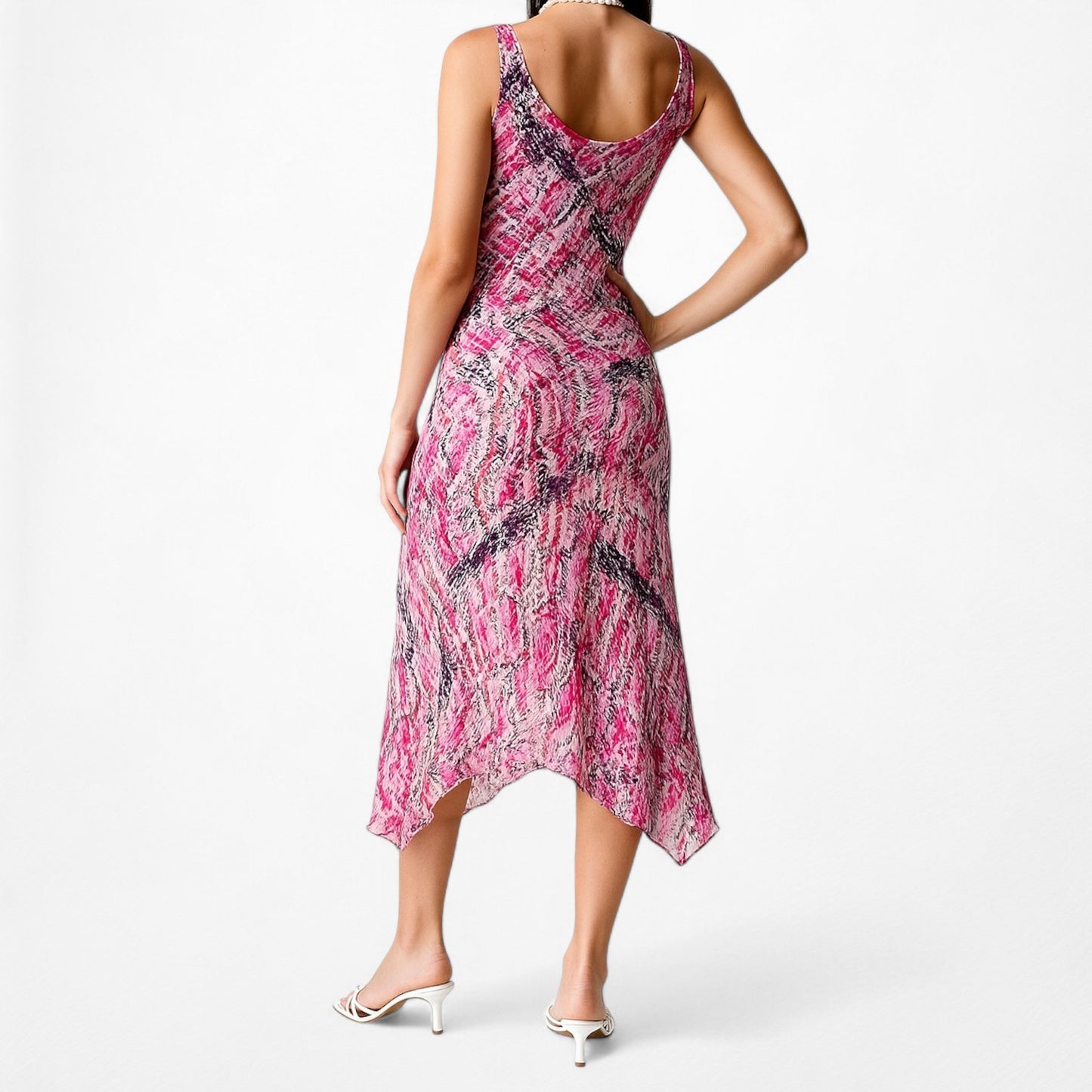 Vintage Pink Silk Lace Detail Asymmetric Hem Cocktail Midi Dress Size S/M