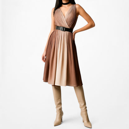 Talbots Brown V-Neck Pleated Knee Length Cocktail Dress Size 4/M
