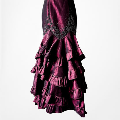 Vintage Burgundy Red Strapless Beaded Satin Ruffle Flared Maxi Prom Dress Size M