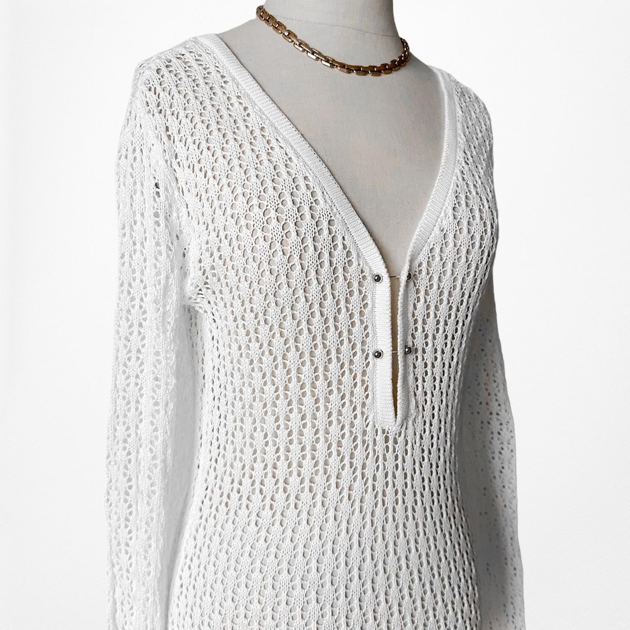 Off White Mesh Sheer Long Bell Sleeves Maxi Bodycon Beach Coverup Dress Size M/L