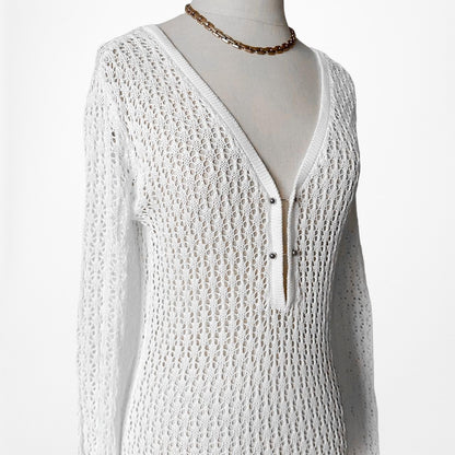 Off White Mesh Sheer Long Bell Sleeves Maxi Bodycon Beach Coverup Dress Size M/L