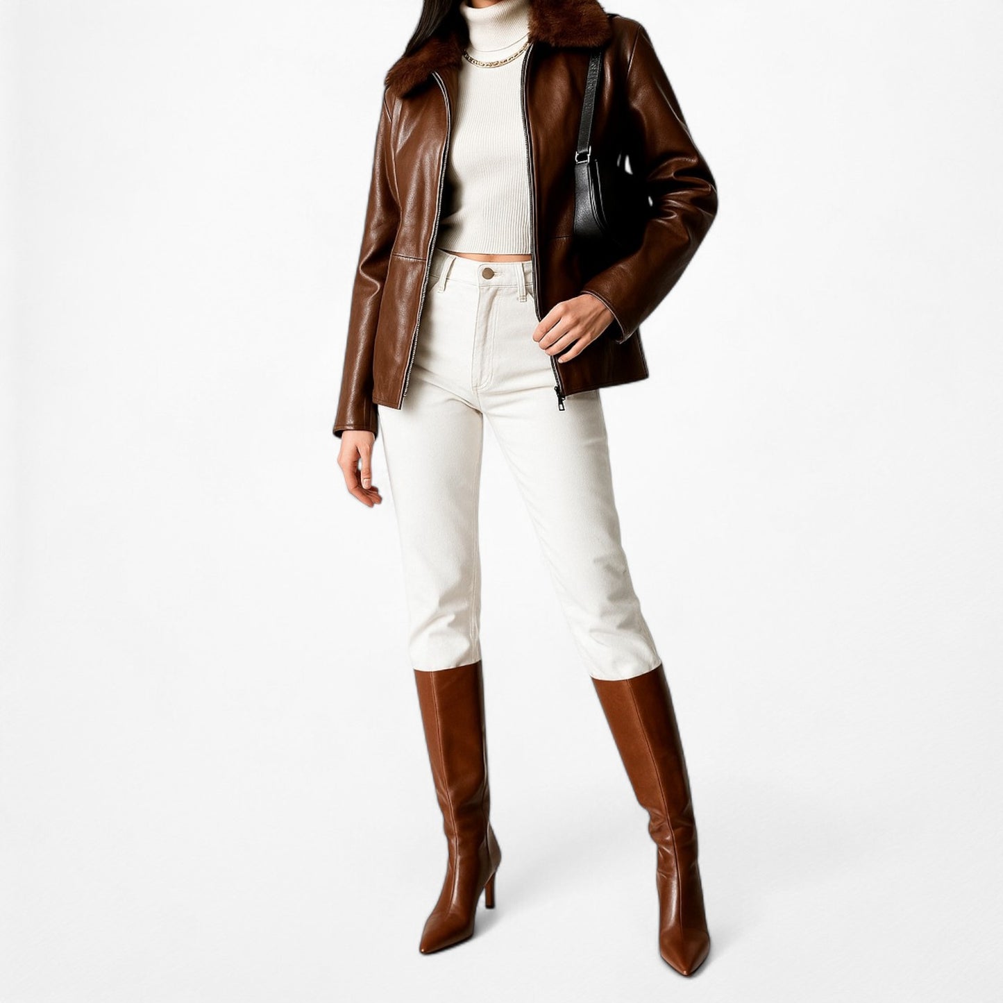 Vintage Anne Klein Brown Rabbit Fur Genuine Leather Moto Jacket Coat Size L