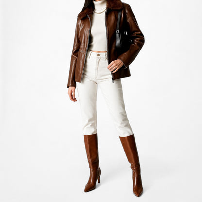 Vintage Anne Klein Brown Rabbit Fur Genuine Leather Moto Jacket Coat Size L