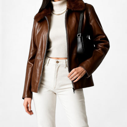 Vintage Anne Klein Brown Rabbit Fur Genuine Leather Moto Jacket Coat Size L