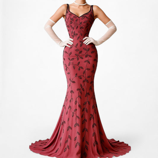 Vintage Pink Floral Beaded Bodycon Maxi Formal Prom Dress Size S